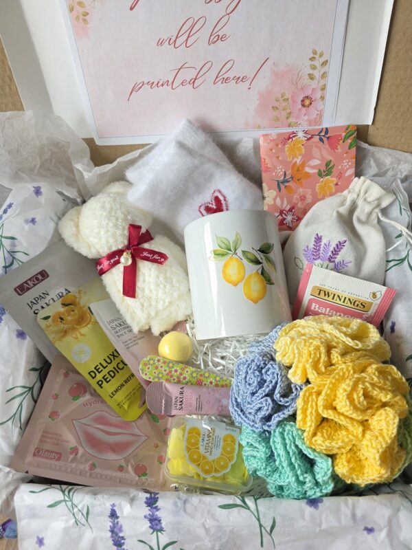 pamper gift box flr women, self care spa with tea, mug, handmade items, relaxation gift for birthdays, get well, thank you gift