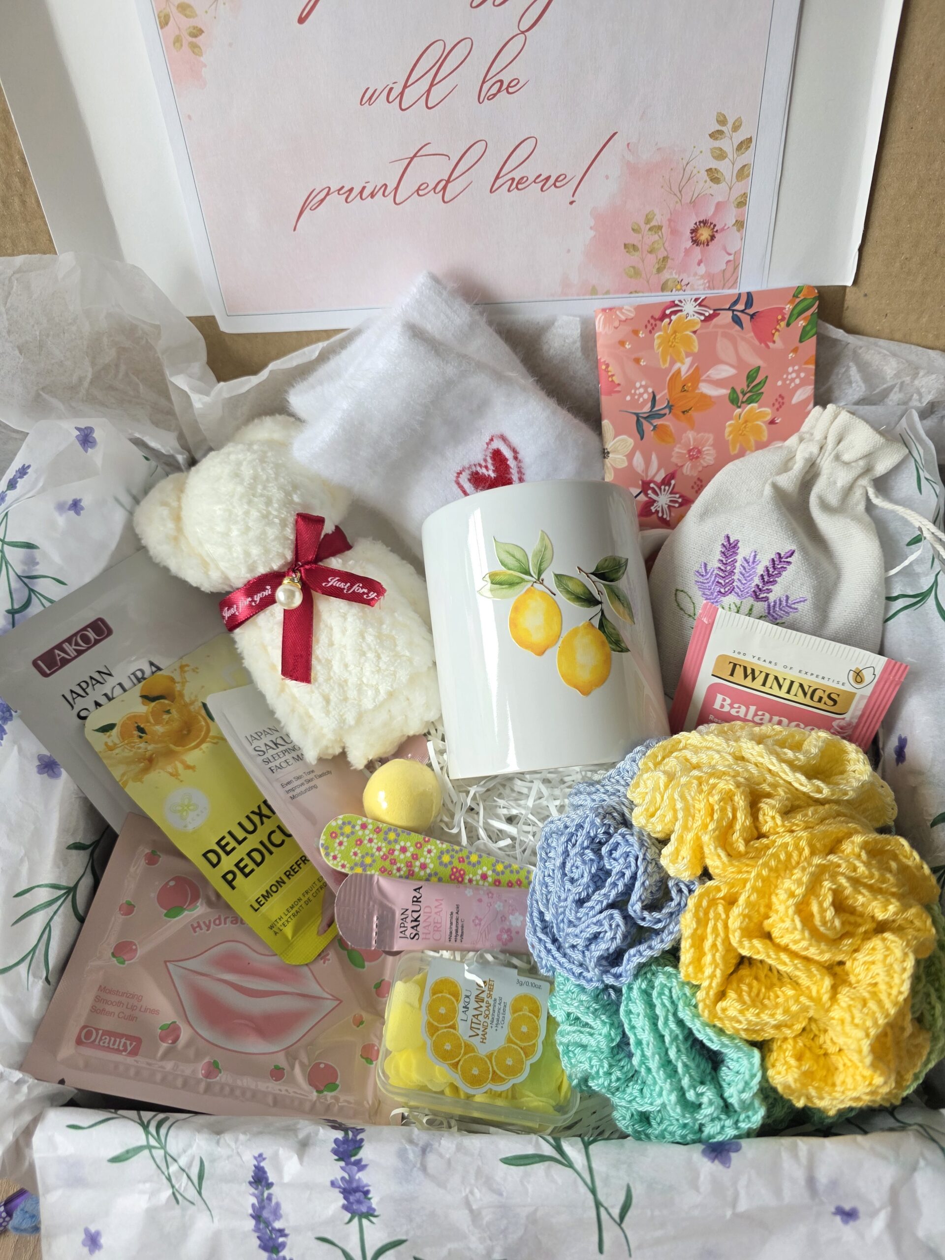 pamper gift box flr women, self care spa with tea, mug, handmade items, relaxation gift for birthdays, get well, thank you gift