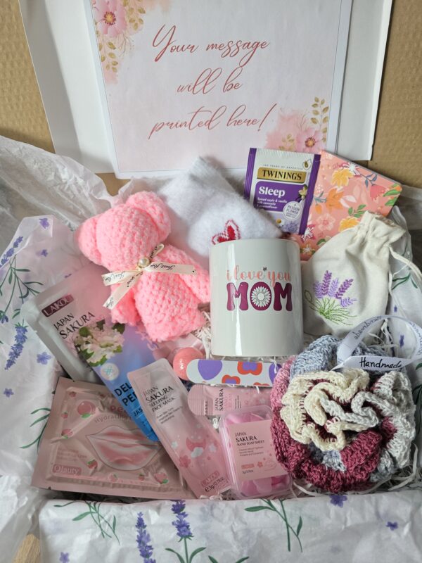 pamper gift box flr women, self care spa with tea, mug, handmade items, relaxation gift for birthdays, get well, thank you gift