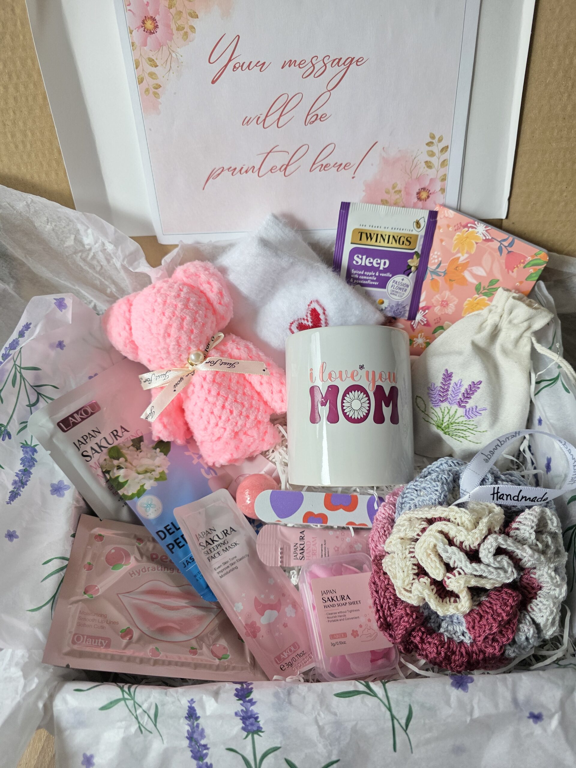 pamper gift box flr women, self care spa with tea, mug, handmade items, relaxation gift for birthdays, get well, thank you gift